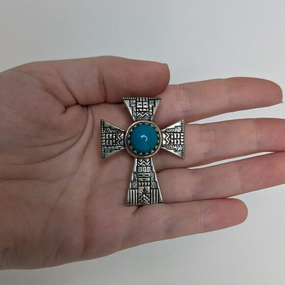 Sterling Silver Carolyn Pollack Southwest Turquoise Cross Enhancer Pendant - Picture 6 of 6